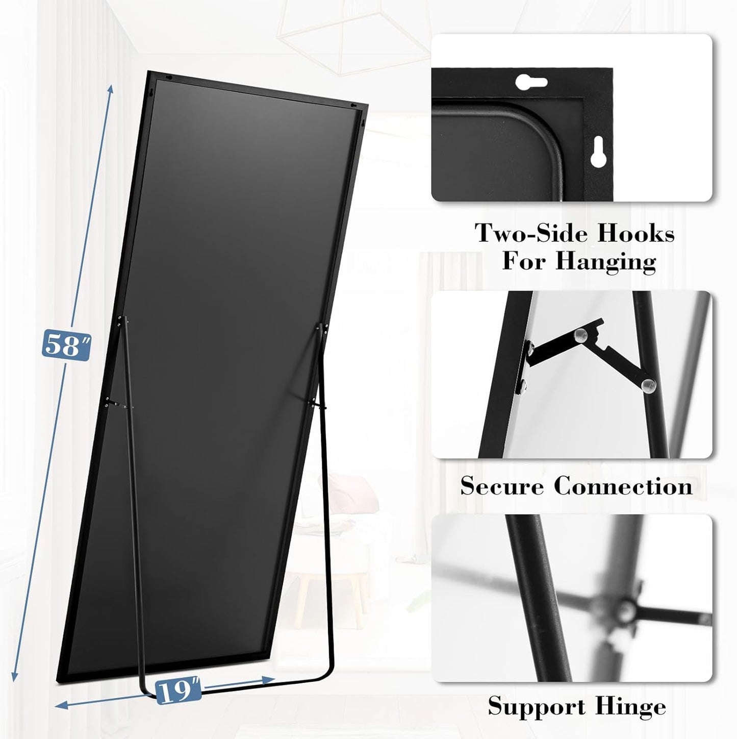 DUMOS Arched Full Length Mirror with Stand 64"x21" Floor Standing Aluminum Frame for Bedroom Body Hanging Leaning Modern Simple Home Decor Shatter-proorf Nano Glass Wall Living Room Cloakroom Black