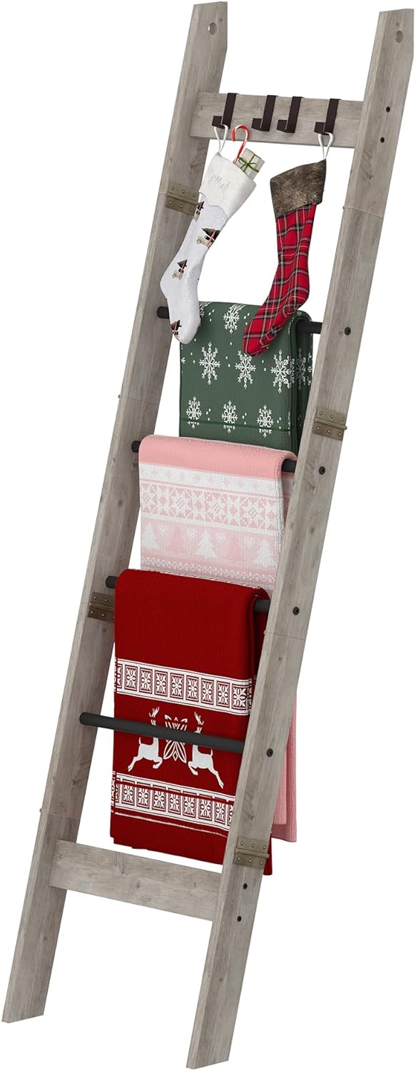 Hzuaneri Blanket Ladder for Living Room, Decorative Quilt Rack with 4 Removable Hooks, 5-Tier Farmhouse Ladder Holder Shelf Organizer for Bedroom, Rustic Brown and Black 02101BBR