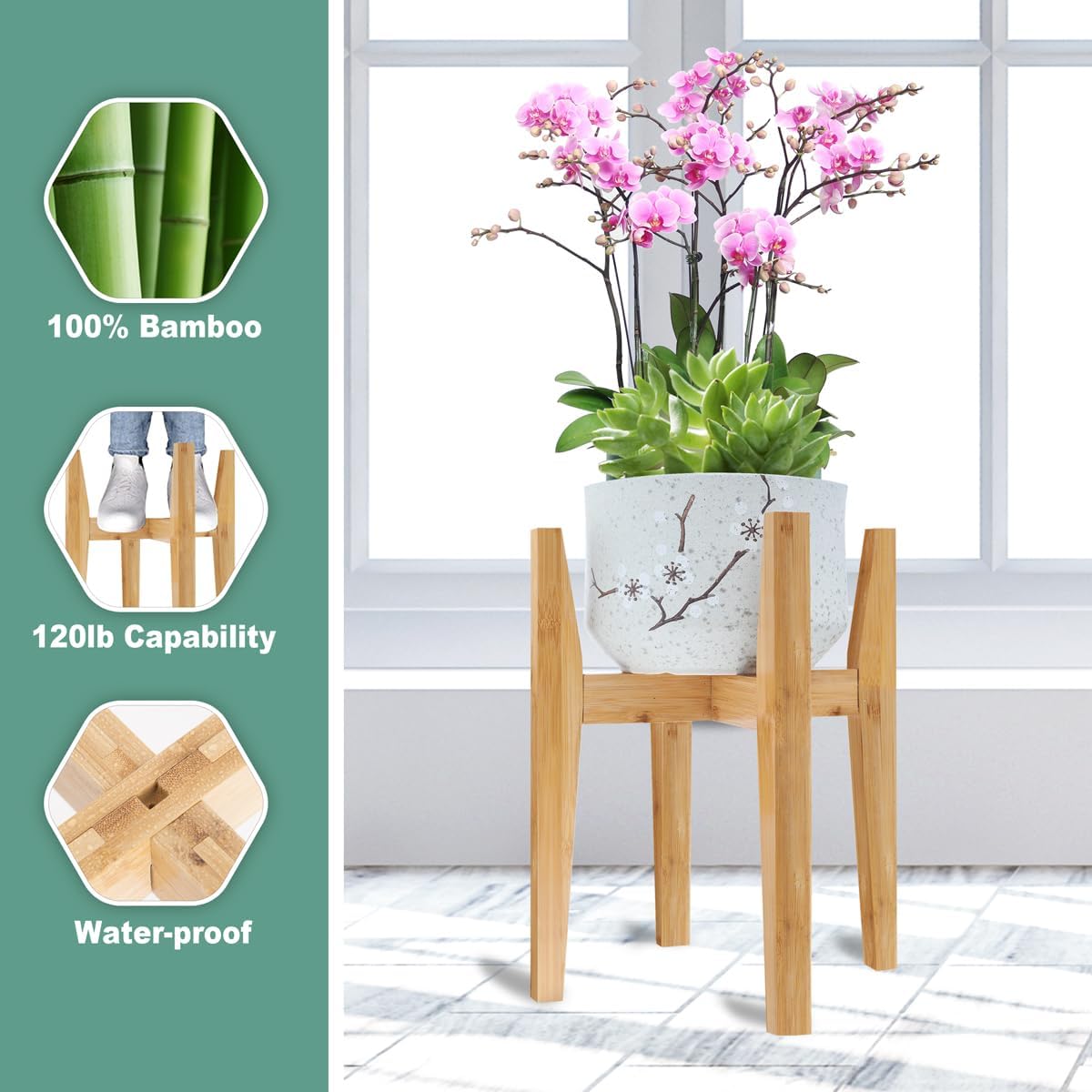 Rnined Adjustable Plant Stand Indoor,Bamboo Mid Century Modern Plants Stands, Stable Plant Holder,Fit 8 9 10 11 12 inch Pots (Pot & Plant Not Included)