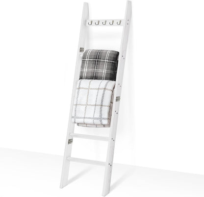 TEAKMAMA 6-Tier Blanket Ladder for Living Room and Bedroom,5.4 Ft Wall Leaning Quilt Rack with Hooks,Rustic Decorative Farmhouse Blanket Storage,Stylish Ladder Holder,Christmas Decorations,Black