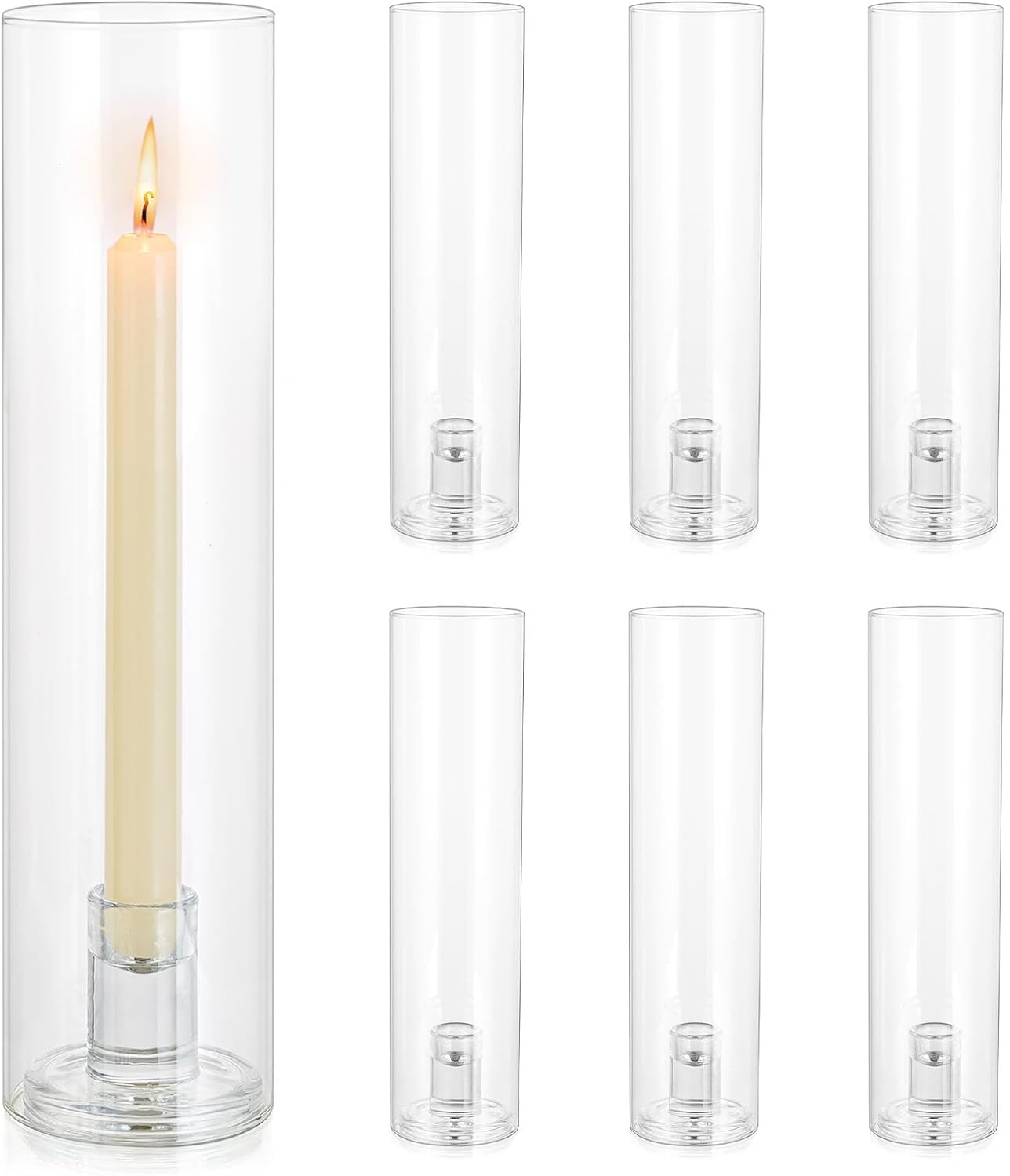 Glass Hurricane Candle Holder: 12" Tall Candlestick Holder Bulk with Cylinder Windproof Cover Set of 6 Clear Taper Candle Holders for Wedding Party Birthday Christmas Decor