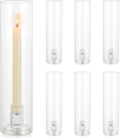 Glass Hurricane Candle Holder: 12" Tall Candlestick Holder Bulk with Cylinder Windproof Cover Set of 6 Clear Taper Candle Holders for Wedding Party Birthday Christmas Decor