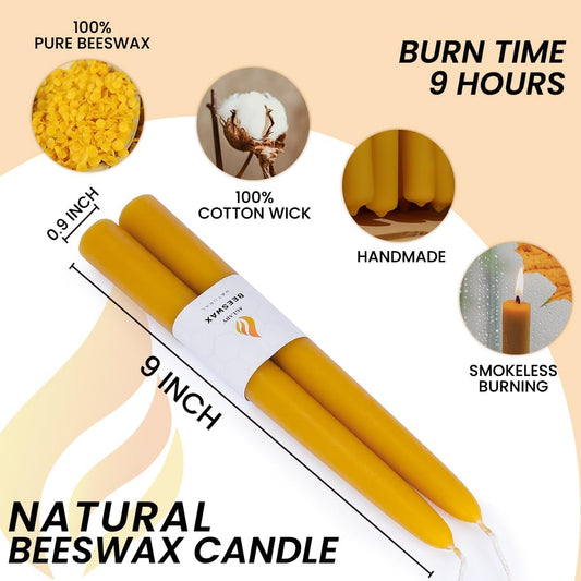 16PCS Beeswax Taper Candles, 9" Handmade Natural Candles, Dripless and Smokeless，9 Hour Burn Time