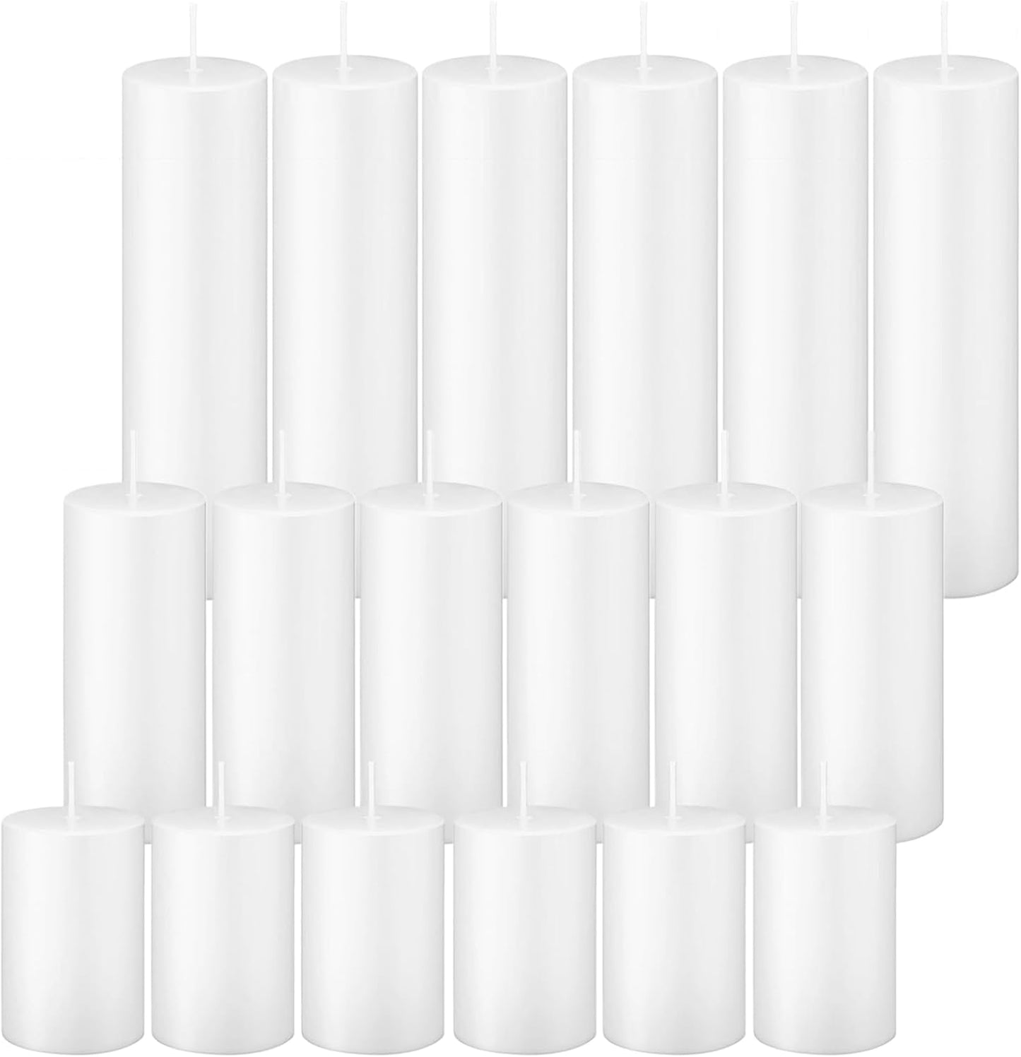 18 Pcs White Pillar Candles Bulk Set，Hurricane Candles，3 Different Lengths 2 x 3/4/6 Inch (6 Each)，Dripless Unscented Smokeless，Gives You a Better Atmosphere When Organizing an Event Party.