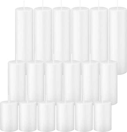 18 Pcs White Pillar Candles Bulk Set，Hurricane Candles，3 Different Lengths 2 x 3/4/6 Inch (6 Each)，Dripless Unscented Smokeless，Gives You a Better Atmosphere When Organizing an Event Party.