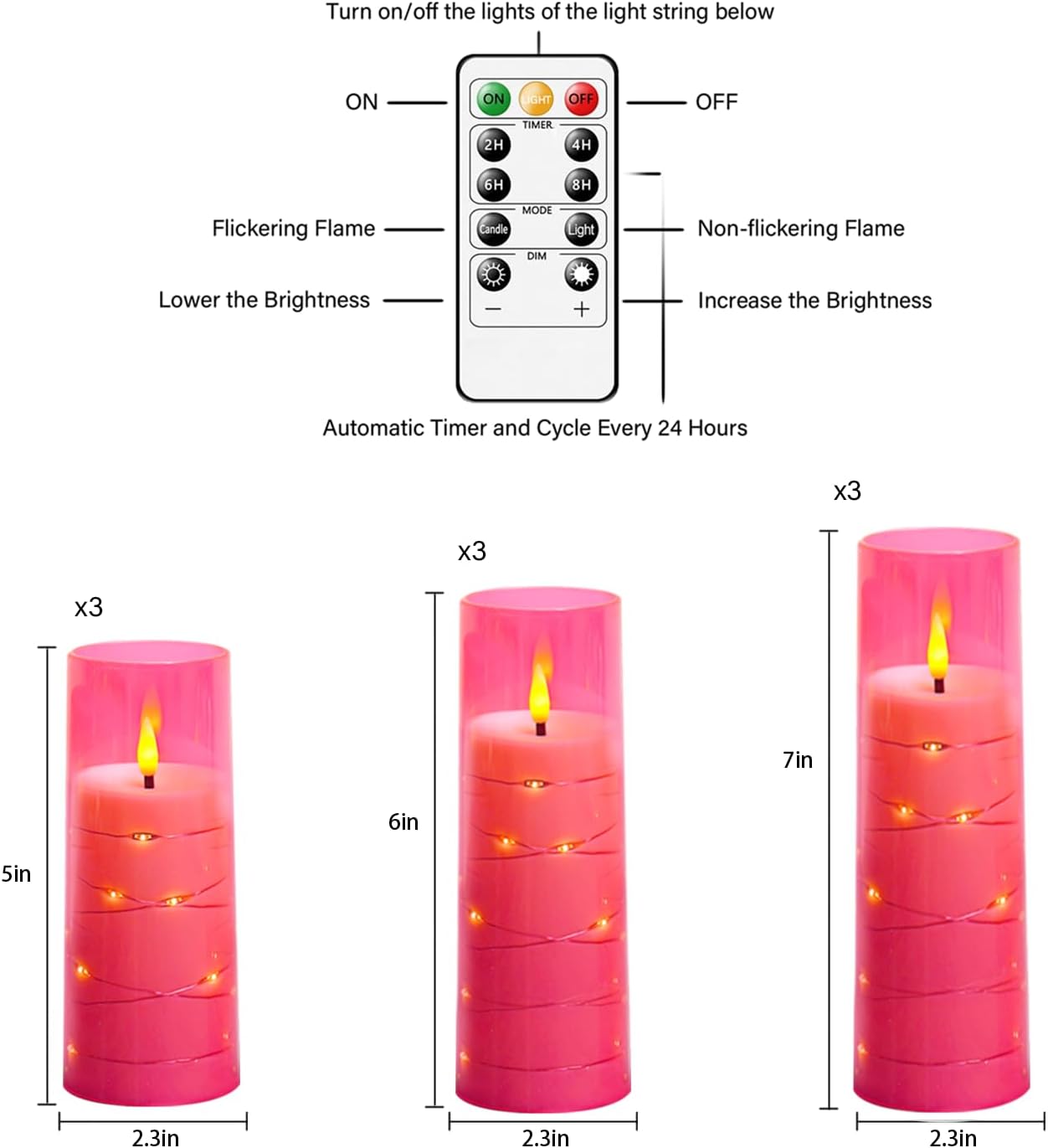 Nimiko Flickering Flameless LED Candles, 9 Pcs with Embedded Star String, Acrylic LED Pillar Candles with Remote, Suitable for Home Decoration (White)