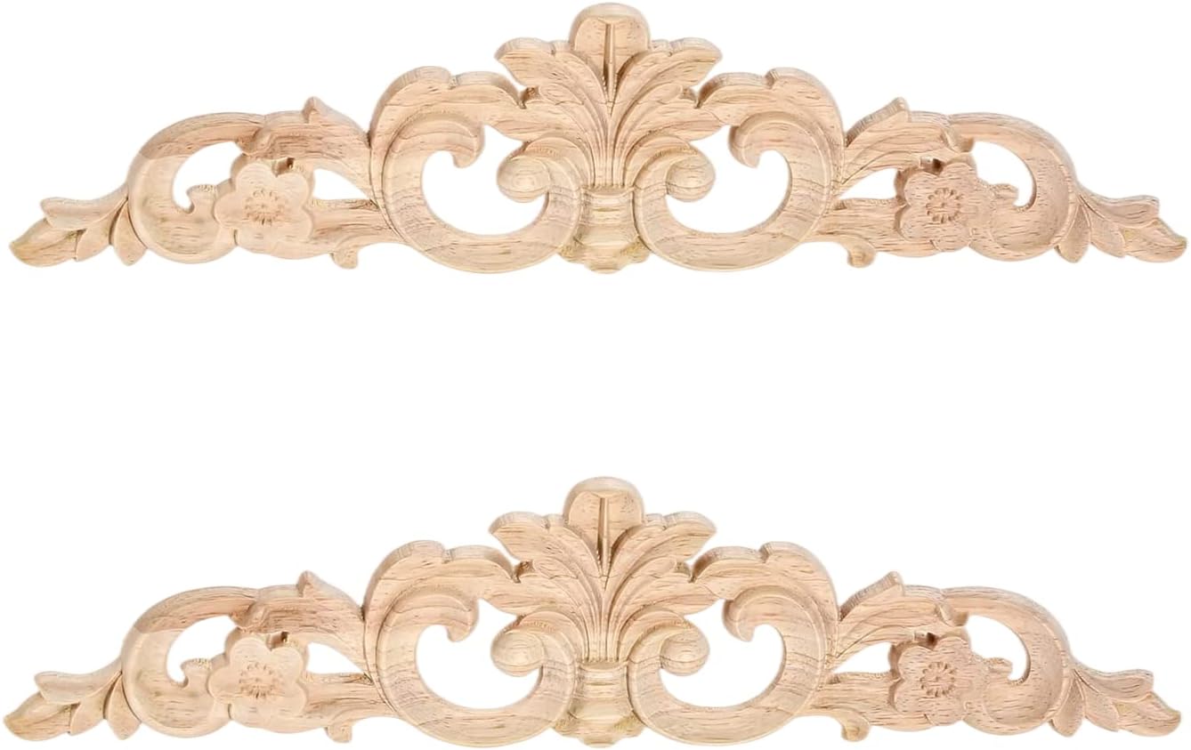MUXSAM Carved Wood Appliques Onlays, Long Wooden Decals Trim Molding Rosette Inlays for Door Wall Mantel Cabinet Door Dresser Closet Mirror Decoration Furniture Transfer(1-Pack, 20x5cm/7.9" x2)