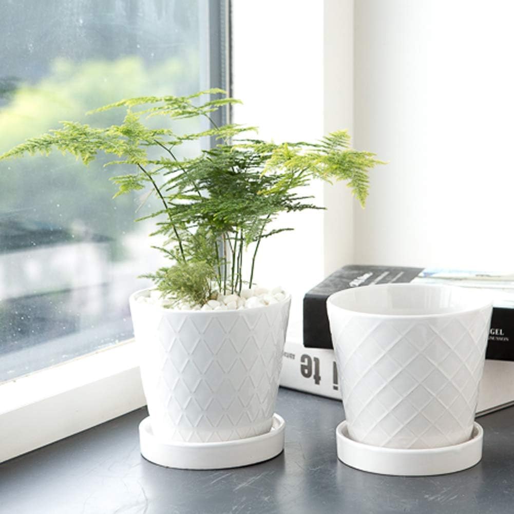 BUYMAX Plant Pots Indoor –5 inch Ceramic Flower Pot with Drainage Hole and Ceramic Tray - Gardening Home Desktop Office Windowsill Decoration Gift, Set of 4-Plants NOT Included (Patina)