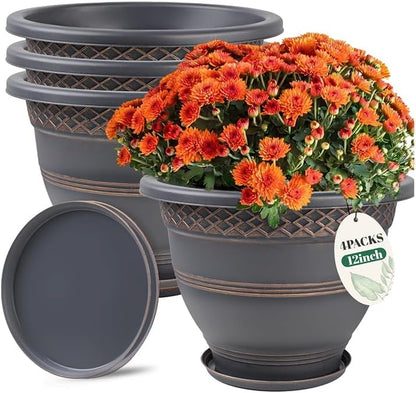Usocik 10 Inch 4 Pack Plant Pots, Plastic Flower Pot for Indoor & Outdoor with Drainage Holes & Saucer, Plaid Pattern Planters Garden Pots for Herbs