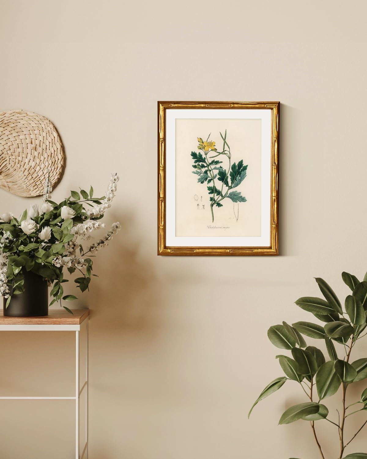 InSimSea Gold Bamboo Framed Canvas Wall Art, Retro Blue Hydrangea Botanical Prints, Antique Flowers Picture Frame with Mat, Victorian Home Wall Decor for Kitchen Living Room Bedroom, 11x14inch