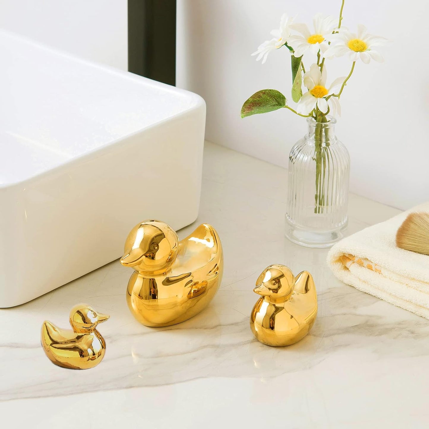 Home Decor Golden Ceramic Duck Figurines, Home Decor Animal Sculptures and Statues Handmade Artware Decor, Mini Duck