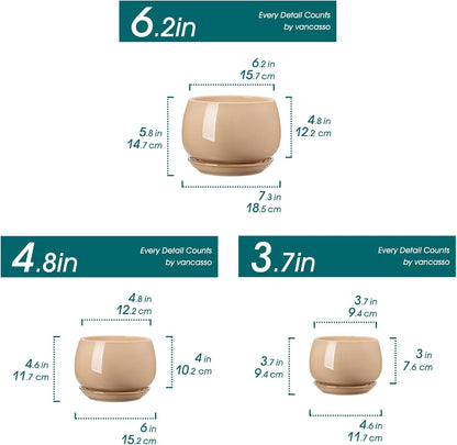 vancasso 3-Pack Ceramic Plant Pots, 3.7/4.8/6.2 Inch Indoor Planters with Saucers & Drainage Hole Planter pots for Indoor Plants and Flower, White
