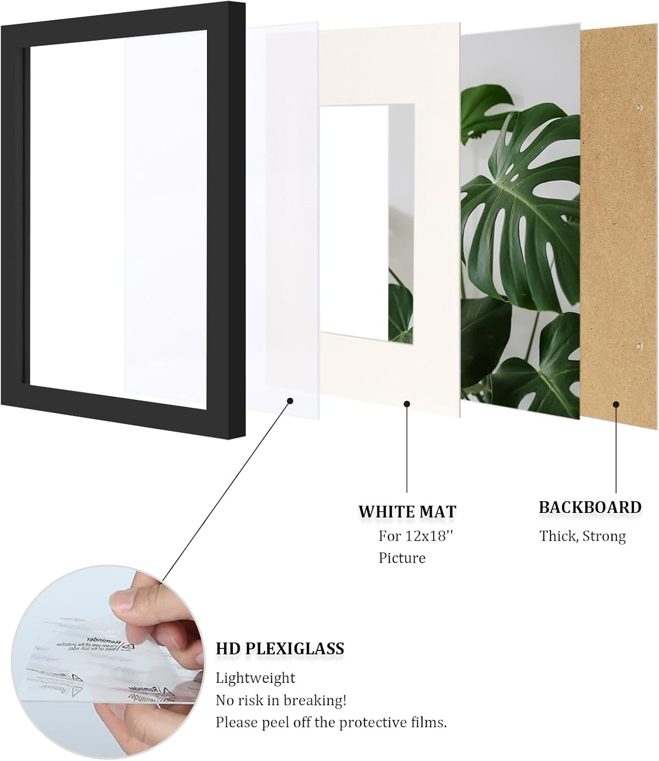 Egofine 12x16 Picture Frame Black, Covered by Plexiglass Made of Solid Wood, Display Pictures 9x12 and 11x14 with Mat or 12x16 Without Mat, for Wall Mounting Photo Frame - Colors B