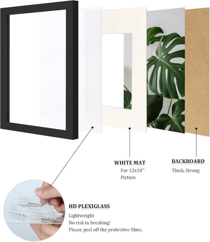 Egofine 12x16 Picture Frame Black, Covered by Plexiglass Made of Solid Wood, Display Pictures 9x12 and 11x14 with Mat or 12x16 Without Mat, for Wall Mounting Photo Frame - Colors B