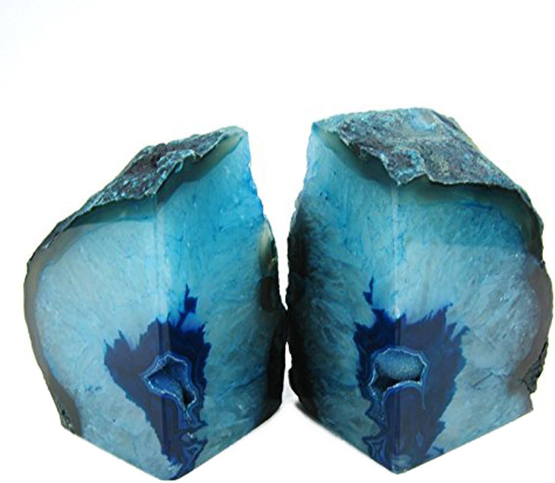 JIC Gem Dyed Blue Agate Bookends Geode Decorative Book Ends for Heavy Books with Rubber Bumpers for Office and Home Decoration Polished Small Size 2 to 3 Lbs