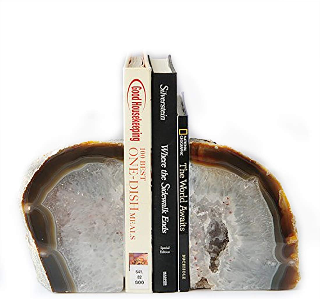 JIC Gem Dyed Blue Agate Bookends Geode Decorative Book Ends for Heavy Books with Rubber Bumpers for Office and Home Decoration Polished Small Size 2 to 3 Lbs