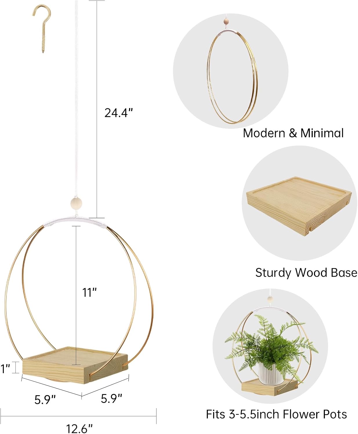 Hanging Planter for Indoor Plants, Black Plant Hanger Indoor with Sturdy Wood Base, Modern Boho Macrame Plant Hanger for 3-5.5 Inch Pot, Hanging Wall Ceiling Window Home Decor (Pots Not Included)