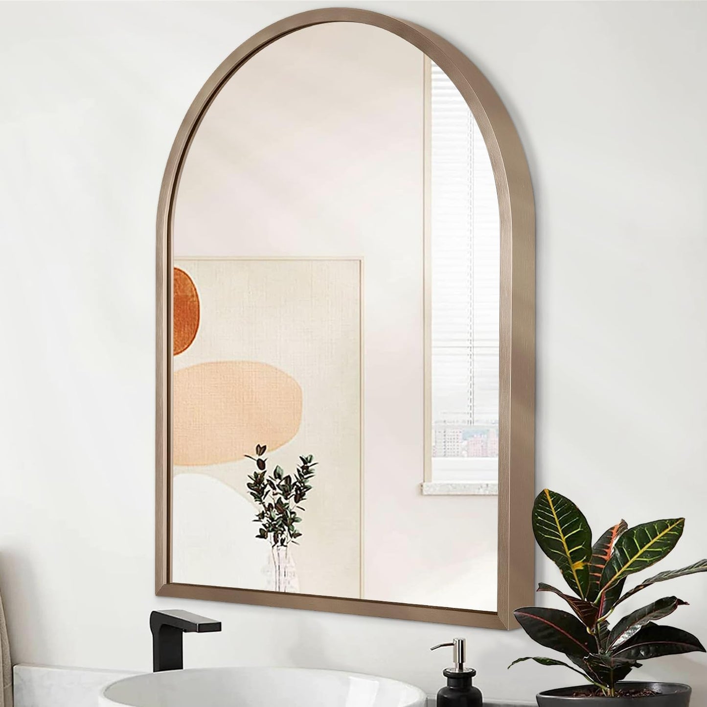 Black Arched Wall Mirror Aluminum Alloy Frame Bathroom Mirror Brushed Metal Vanity Wall Mounted Mirror for LivingRoom Bedroom Entryway Room Home Decor 16"x12"