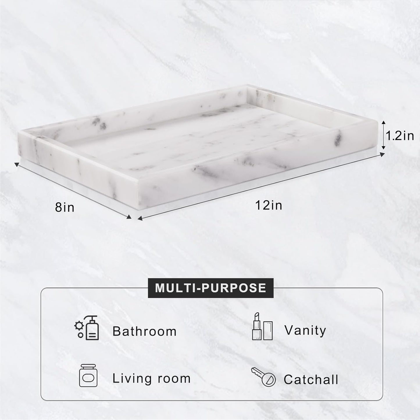 Marble Bathroom Tray for Countertop & Home Decor, Natural Decorative Marble Tray for Jewelry & Perfume Organizer, Luxury Stone Vanity Trays for Dresser, Kitchen Counter, 12" x 8", Gray Black