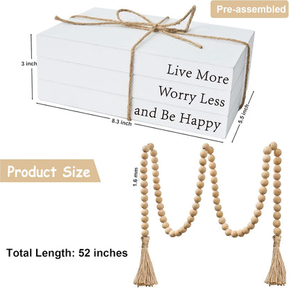 Decorative Books for Home Decor, White Faux Books for Decoration, Rustic Farmhouse Stacked Display Books with 52in Wood Bead Garland for Coffee Tables Living Room (TAKE TIME to DO)