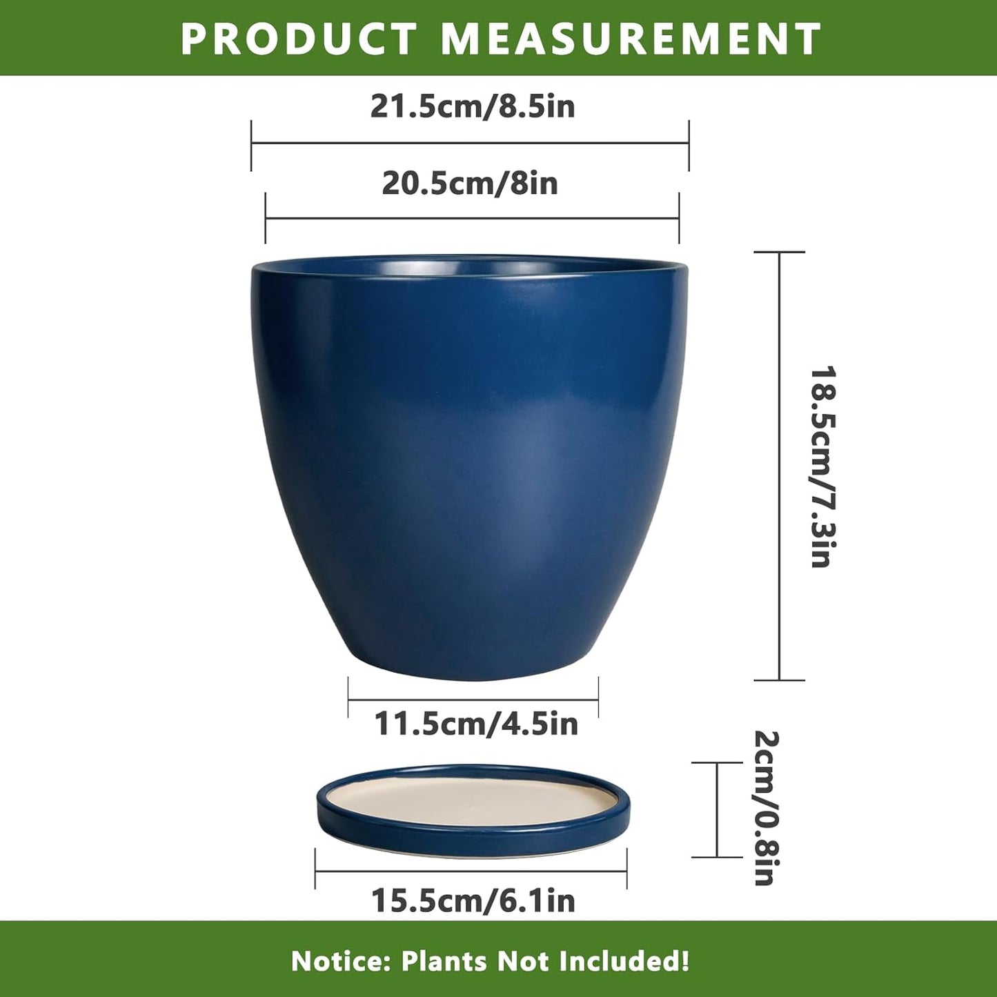 10 Inch Ceramic Planter Pot Round Plant Pot for Indoor Plants Outdoor Large Flower Pot with Drainage Hole and Saucer Blue