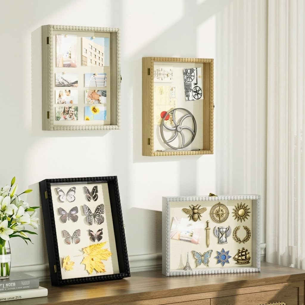 Love-KANKEI Shadow Box Frame 11x14, Deep Large Shadow Box Display Case with Unique Beads Door and Glass Window, Wood Memory Box for Pictures,Medals,Memorabilia,Collections White