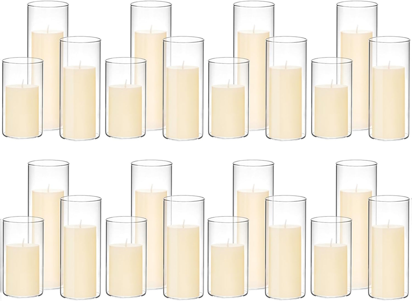 Set of 6 White Pillar Candles with Clear Glass Hurricane Holders- Elegant Cylinder Candle Vases for Weddings, Parties, Centerpieces, Home & Office Decor (White, 6 Set)