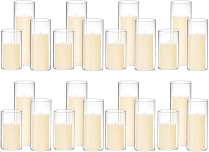 Set of 6 White Pillar Candles with Clear Glass Hurricane Holders- Elegant Cylinder Candle Vases for Weddings, Parties, Centerpieces, Home & Office Decor (White, 6 Set)