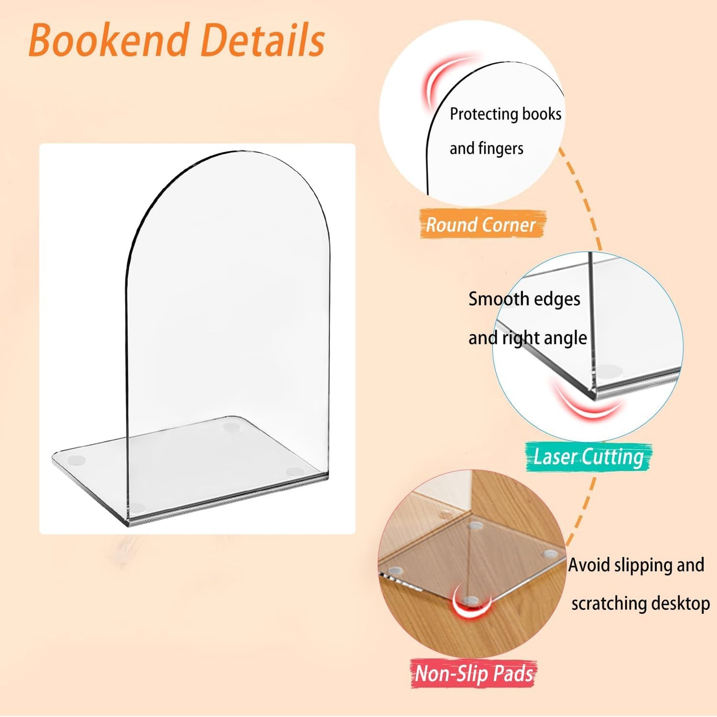 Lulonpon 4 Pieces Book Ends, Bookends, Books End for Shelves, Books End for Heavy Books, Clear Bookends, Acrylic Book Ends for School, Library,Desktop Organizer and Book Shelves