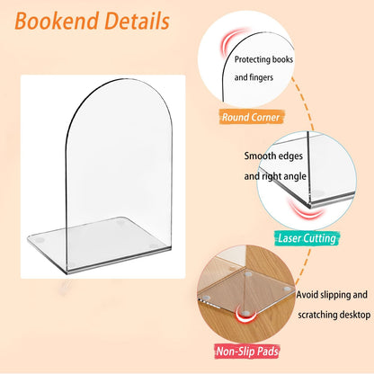 Lulonpon 4 Pieces Book Ends, Bookends, Books End for Shelves, Books End for Heavy Books, Clear Bookends, Acrylic Book Ends for School, Library,Desktop Organizer and Book Shelves