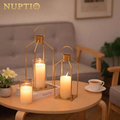 Nuptio Decorative Lantern Candle Holder: 2 Pcs Glass Hurricane Pillar Candles Holders Rustic Black Metal Hanging Lanterns Decor for Outdoor Wedding Farmhouse Home Fireplace Christmas Halloween