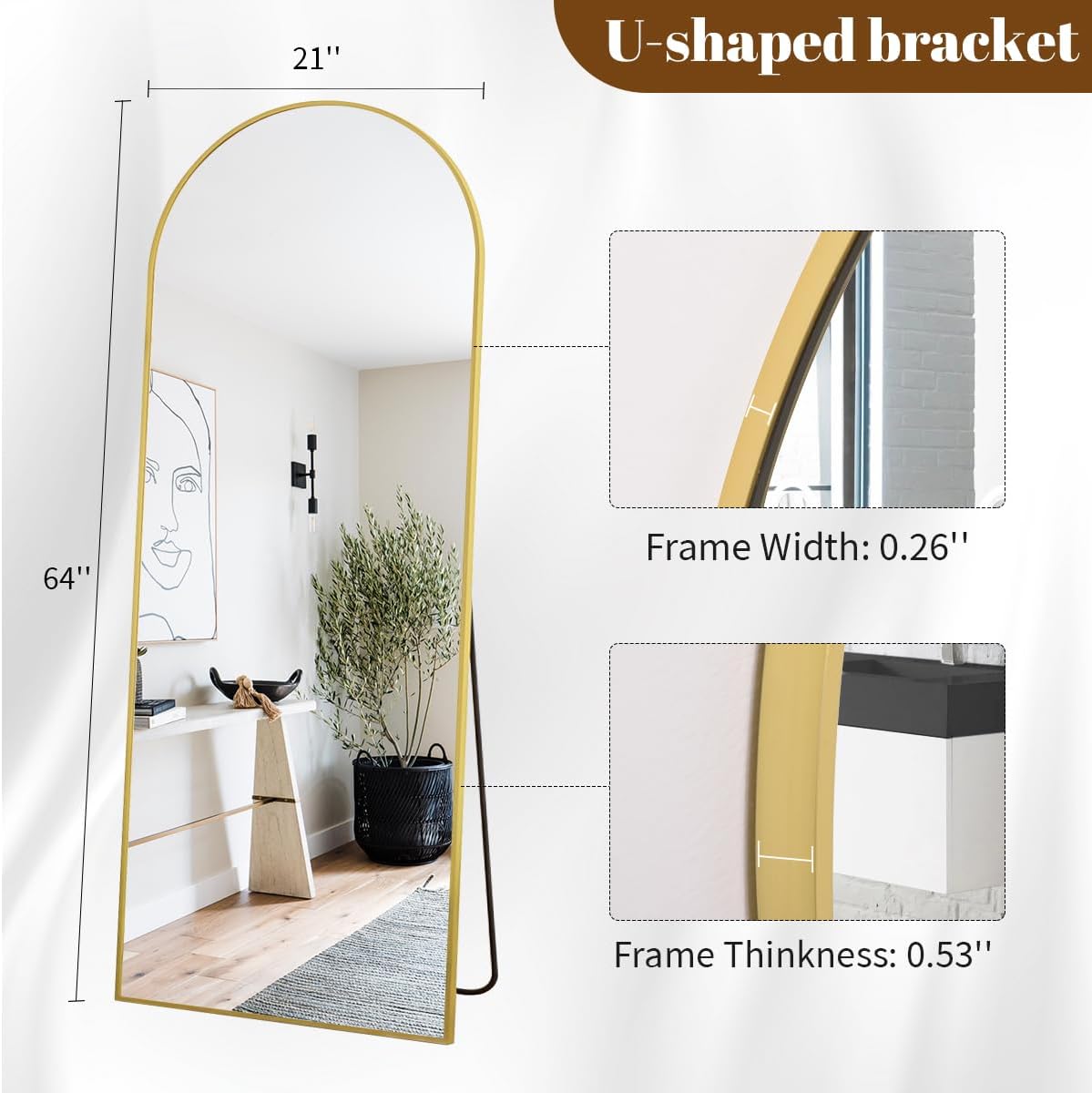 Koonmi 30"x71" Arched Full Length Mirror, Gold Large Floor Mirror with Aluminum Alloy Frame, Standing Hanging or Leaning Wall-Mounted Full Body Mirror for Living Room and Bedroom