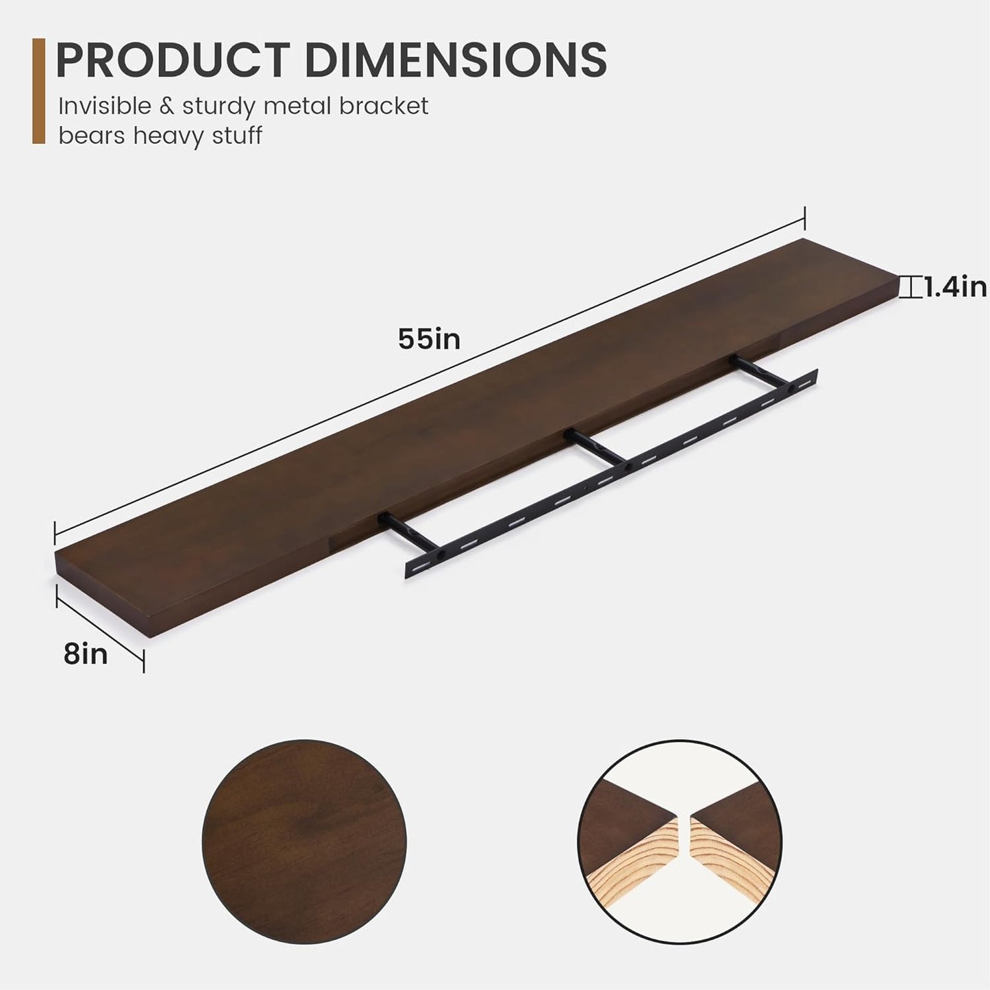 Floating Shelves 36 Inches Long - 8 Inch Deep Rustic Premium Solid Pine Wood for Storage - Farmhouse Wall Mounted for Living Room - Heavy-Duty Metal Bracket - 36" W x 8" D - Set of 2 - White Color