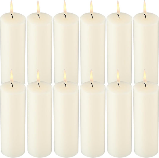 Lounsweer 12 Pack Ivory Pillar Candles Bulk Large Unscented Paraffin Wax Long Lasting Candles Clean Burning Supplies for Home Decor Wedding Party Dinner Bath Spa(2 x 8 Inch)