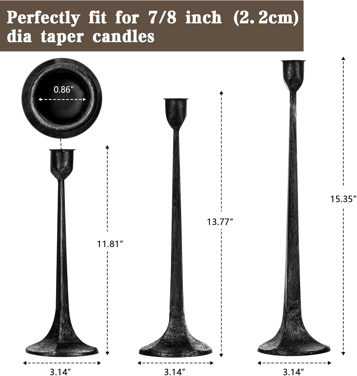 Iron Taper Candle Holder Set of 3 - Decorative Tall Candle Stand, Candlestick Holder for Wedding, Dining Table, Party Decoration (Antique Brass)