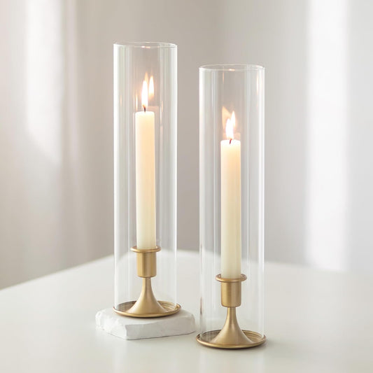 Romadedi Hurricane Candlestick Holders Gold - 10 Pcs Taper Candle Holders Bulk Tall Clear Glass Cylinder for Wedding Table Centerpieces Party Decor Birthday Christmas Home Decorations