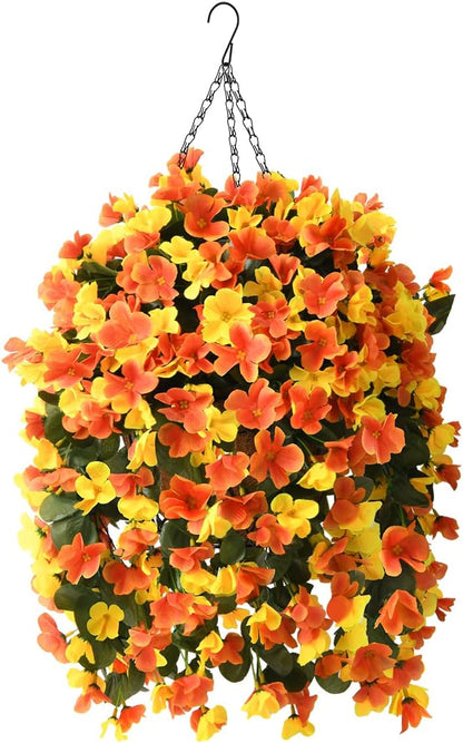 INQCMY Artificial Fake Hanging Plants Flowers Basket for Spring Summer Outdoor Outside Decoration,Faux Silk Begonia Flower in Planter Look Real UV Resistant for Home Porch Patio Balcony Yard Decor