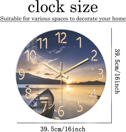 Beach Wall Clock Battery Operated 12 Inch Glass Wall Clock Non Ticking Analog Blue Wall Clocks for Bedroom Living Room Office Decor
