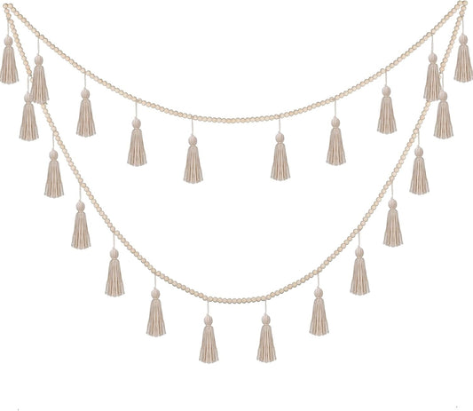 Janinka Tassel Garland Boho Classroom Decor Macrame Wooden Bead Garlands Wood Beads Banner with Tassels Boho Wall Hanging Banner for Classroom Bedroom Nursery Home Decoration(Classic Color)