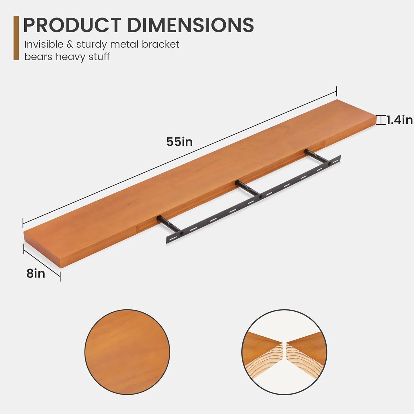 Floating Shelves 36 Inches Long - 8 Inch Deep Rustic Premium Solid Pine Wood for Storage - Farmhouse Wall Mounted for Living Room - Heavy-Duty Metal Bracket - 36" W x 8" D - Set of 2 - White Color