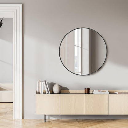 Sweetcrispy 24 Inch Round Wall Mirror with Tempered Glass, Bathroom Mirror Over Sink, Anti-Fog & Waterproof Round Mirror for Bathroom, Entryway, Bedroom, Shatterproof Design, Black