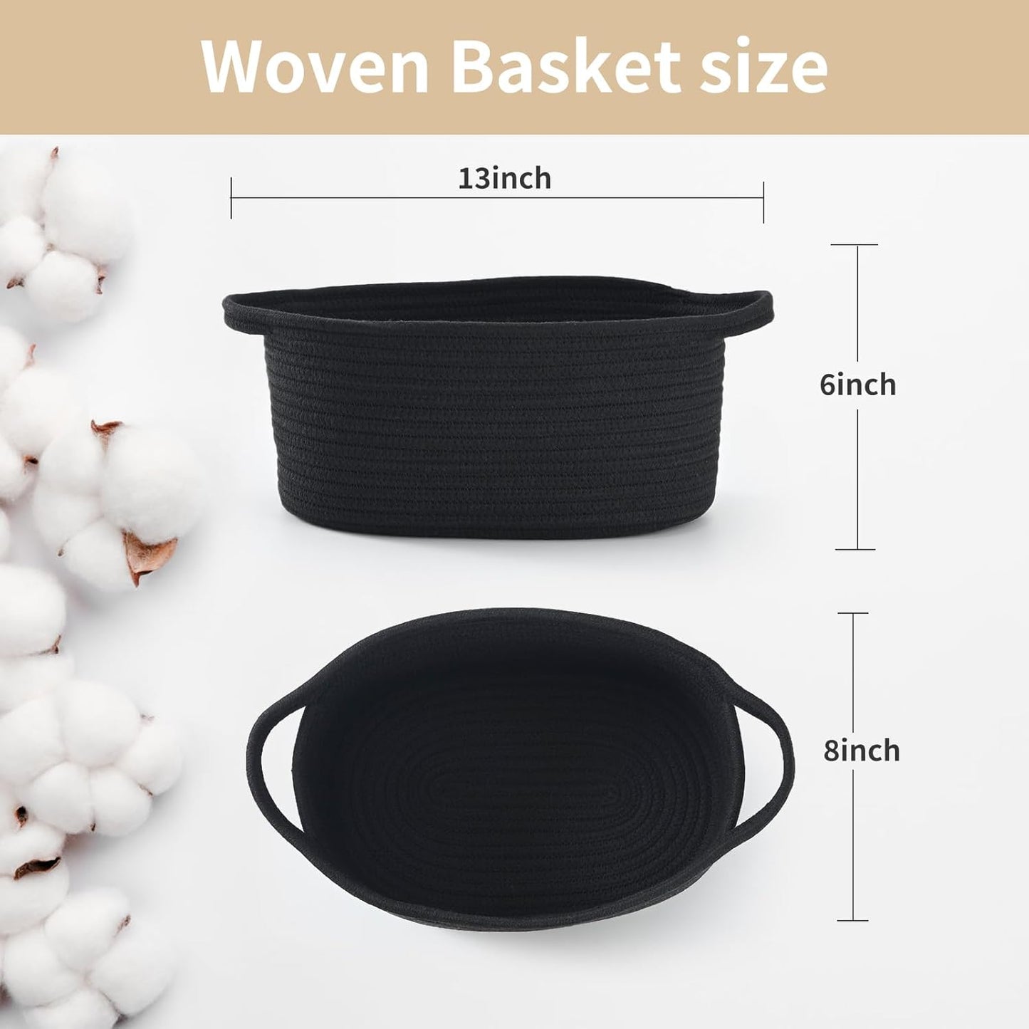 Happyiren Medium Woven Cotton Rope Basket with Handle Empty Decorative Gift Basket for Baby Shower, Graduation, Mother's Day, Nursery Storage 13" Dia x 8" W x 6" H