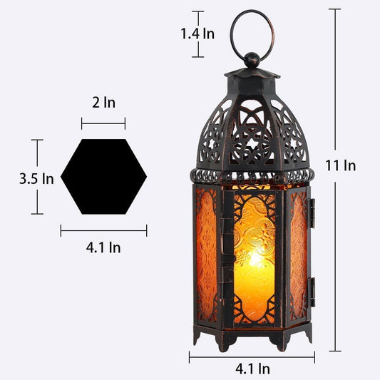 Vintage Large Size Decorative Ramadan Candle Lantern, 12.8’’ Metal Hanging&Tabletop Moroccan Lantern Candle Holder Decor, Halloween Christmas Decorations for Home Indoor Outdoor Patio (Amber)