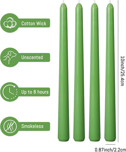 Viyffo Taper Candles, 10 Inch, 4 Pack, Olive Glow – Unscented, Dripless & Smokeless Design, Up to 8 Hour Burn – Long Tall Taper Candlesticks for Wedding, Dinner & Home Decor