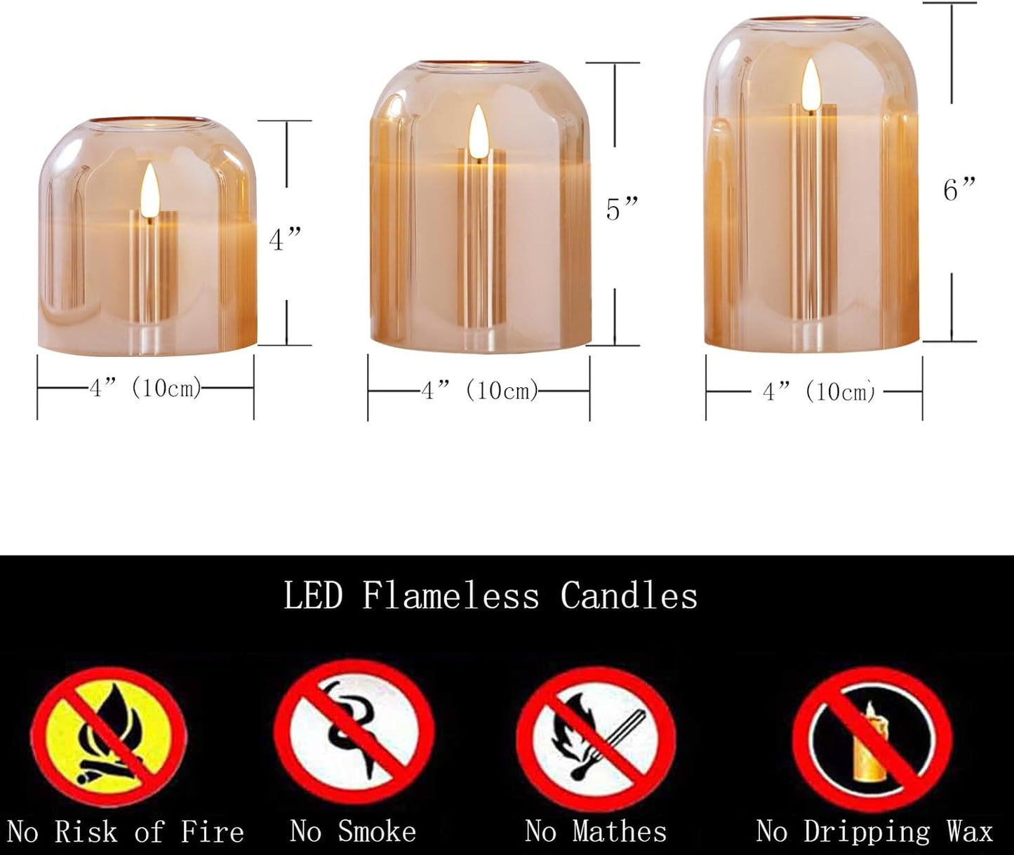 volnyus Gold Glass Flameless Candles with Remote Battery Operated Flickering LED Pillar Candles Real Wax 3D Wick Φ 4" H 4" 5" 6"
