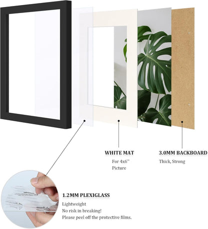 Egofine 8x10 Picture Frames Set of 4, Made of Solid Wood Covered by Plexiglass 4x6 and 5x7 with Mat or 8x10 without Mat, for Table Top Display and Wall Mounting Photo Frame Black