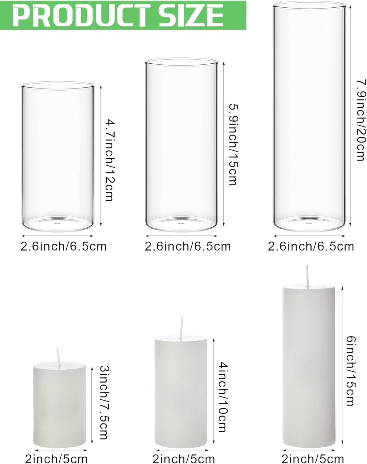 Shihanee 36 Pcs Pillar Candles and Glass Cylinder Vases Tall Cylinder Holders for Pillar Candles Wedding Centerpieces, Total 18 Sets(2.6'' X 4.7'', 5.9'', 7.9'',Clear,Ivory)