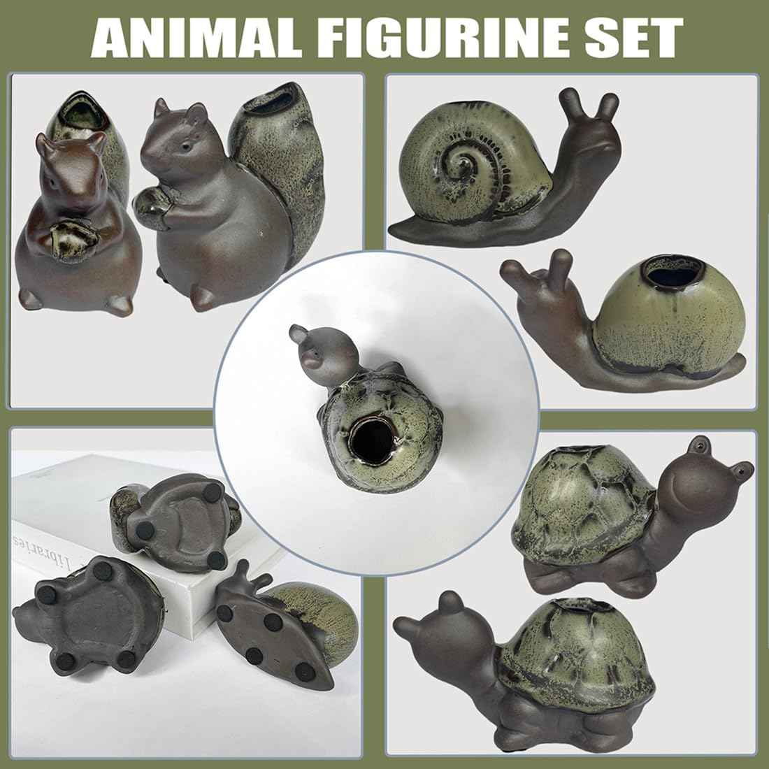 Cute Ceramic Garden Figurines Statue Set of 3 Turtle,Snail, Squirrel, Sculptures Ornaments for Home Office Desk Table Bookshelf Decor and Gifts