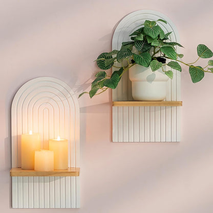 Mid Century Modern Candle Sconces: Set of 2 Walnut Boho Wall Candle Holder Decor for Living Room Fireplace - Arch Candle Shelf for Plants Pillars Candles