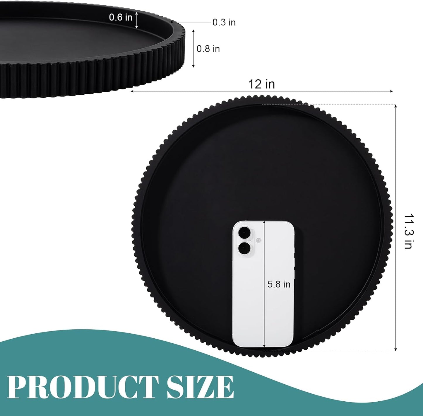 Silicone Bathroom Tray Round Kitchen Counter Organizer Decorative Vanity Accessories Coffee Table Decor for Perfume, Candle, Soap Dish, 9 Inch, Black
